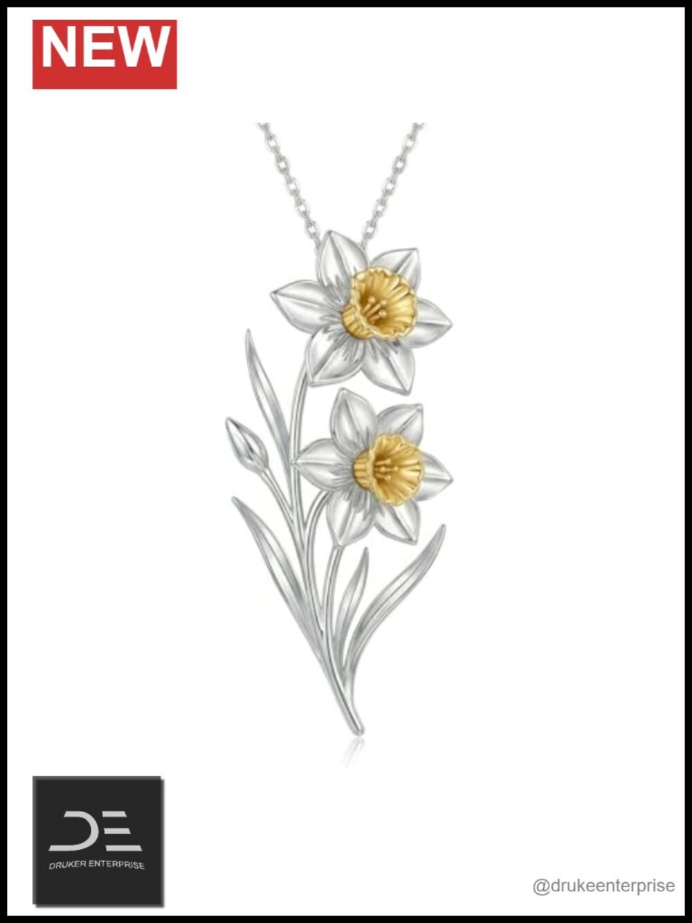 Daffodil Flower Necklace 925 Sterling Silver Gold Plated Pendant Jewelry